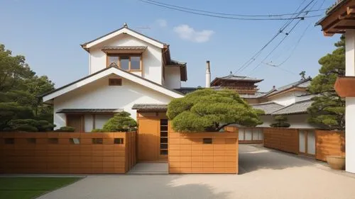 a small wooden gate surrounds a white building,sketchup,wooden house,houses clipart,3d rendering,fence gate,residential house,Photography,General,Realistic