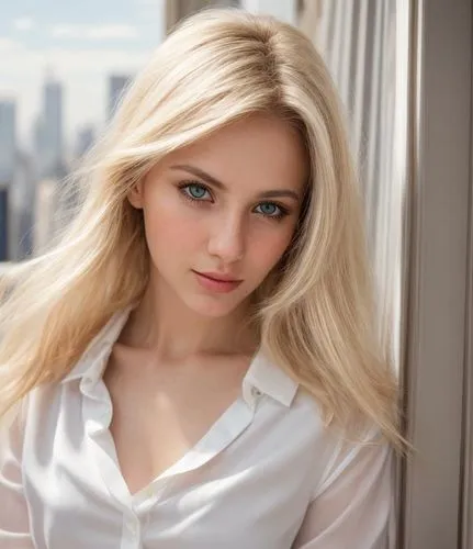 a portrait half body of a beautiful caucasian girl 23 years old blonde hair, wearing a white blouse and white top in a balcony whit New York city in the night as background in 4k,madeleine,elsa,blond 