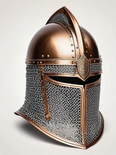 only Medieval Crusader Helmet with Chainmail Aventail, bronze, intricated details, white background,soldier's helmet,stahlhelm,steel helmet,sallet,willhelm,bicorne,bollandists,talhelm,garrison,helmet,