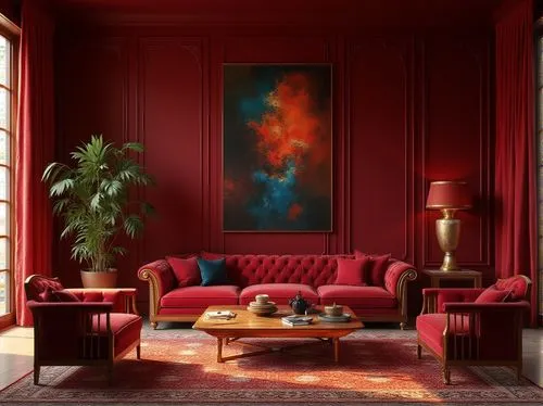 sitting room,livingroom,living room,interior decor,modern decor,furnishings,contemporary decor,apartment lounge,interior design,sofa set,interior decoration,decor,chaise lounge,interiors,great room,paintings,bohemian art,red wall,minotti,mid century modern,Photography,General,Realistic