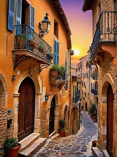 Corsican architecture, majestic granite buildings, steeply pitched roofs, rounded arches, ornate stone carvings, intricate stonework, rustic wooden doors, wrought iron balconies, picturesque alleys, n