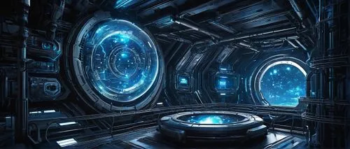 Futuristic, aw-hole-of-life, sci-fi, spherical, glowing blue core, intricate metallic structure, complex circuits, wires, pipes, machinery, control panels, maintenance catwalks, ladders, futuristic li