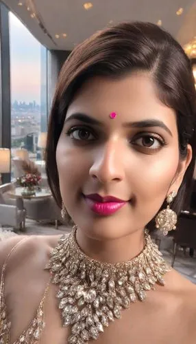 a woman in a necklace posing for a picture,ambani,sonam,indian celebrity,kriti,tirunal,raveena,Photography,Realistic