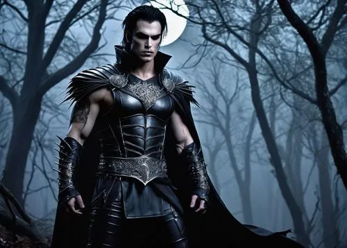 Dark fantasy, mysterious pelquin nightbreed, muscular male, glowing yellow eyes, sharp fangs, black hair with silver streaks, pale skin, intricate tattoos on arms and chest, dark leather armor, silver