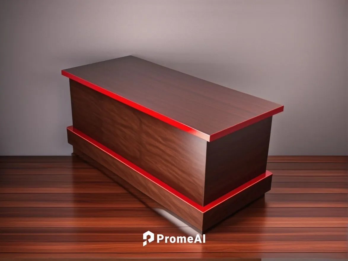 Chocolate display table design. The bottom and central parts are red, and the top has a wooden texture.,nightstand,chest of drawers,music chest,wooden box,musical box,wooden desk,card box,baby changin