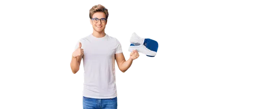 YouTuber, male, energetic, thumbs up, big smile, messy hair, blue glasses, casual wear, white T-shirt, jeans, sneakers, standing, confident pose, shallow depth of field, softbox lighting, 3/4 composit