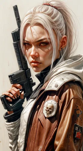 girl with gun,girl with a gun,sci fiction illustration,woman holding gun,renegade,female doctor,holding a gun,female nurse,mercenary,clementine,shooter game,infiltrator,cg artwork,game art,rifle,mags,sci fi,background image,blonde woman,white head