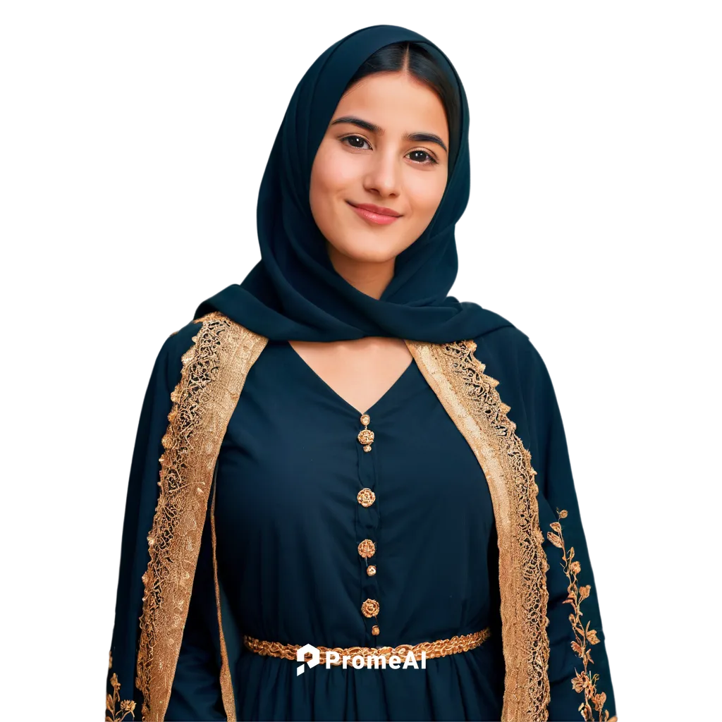 Palestinian girl, hijab, traditional thobe dress, embroidered clothing, golden jewelry, subtle makeup, dark hair, soft facial features, gentle smile, close-up shot, shallow depth of field, warm lighti