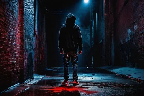 hooded man,man silhouette,pedestrian,standing man,novelist,in the shadows,assassin,red hood,daredevil,in the dark,man holding gun and light,walking man,dark portrait,alleyway,pawn,faceless,scythe,stranger,hooded,primitive man,Conceptual Art,Sci-Fi,Sci-Fi 14