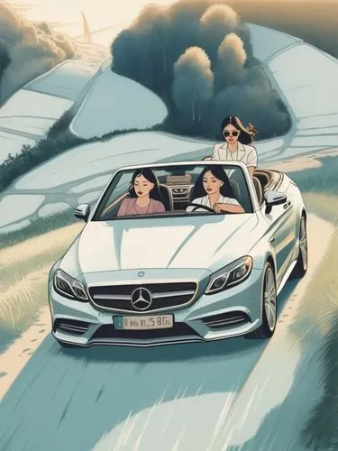 Line drawing of three human females in a Mercedes Benz.,a mercedes parked in front of another woman driving them,mercedescup,mercedes sl,convertibles,slk,illustration of a car,mercedes ev,Illustration