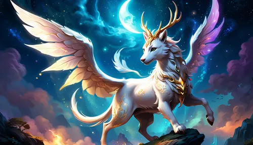 unicorn background,constellation unicorn,pegasus,golden unicorn,gryphon,unicorn art,flame spirit,unicorn,torchlight,light bearer,mythical creature,fire horse,celestial event,sun moon,show off aurora,celestial body,fantasy art,celestial,mythical,nine-tailed,Illustration,Realistic Fantasy,Realistic Fantasy 01