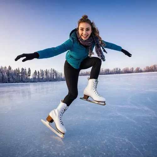 Middle eastern figure skater white boot on winter frozen lake,woman free skating,ice skating,speedskater,speedskaters,ice skate,figure skater,patinoire,ice skates,winter sports,speedskating,patineurs,