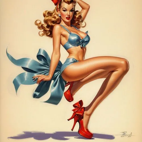 J. Scott Campbell style realistic drawing of a woman in platform heels bullet bra bow in her hair 


,the woman is wearing a large y,pin-up girl,retro pin up girl,pin up girl,retro pin up girls,pin-up