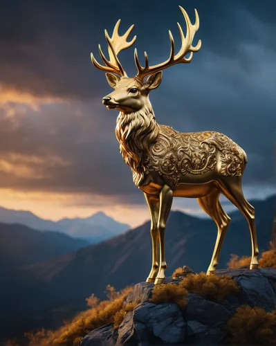 A gold deer standing on top of a mountain，Epic composition, photo, photography, extreme details, highly detailed, 8k, intricate, elegant, fantasy, cinematic lighting, whimsical, fantasy, photographic,