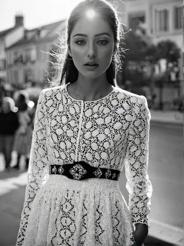 Pour her sweet open eyes,a beautiful woman in a white dress stands on a street,uzbek,mongolian girl,kazakh,marshallese,young model istanbul,street shot,Photography,Black and white photography,Black an