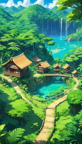 butka,hotsprings,landscape background,summer background,idyllic,yamada's rice fields,hotspring,kazoku,japan landscape,rice fields,onsen,kanto,underwater oasis,ghibli,4k wallpaper 1920x1080,paradis,teikoku,pamiri,lagoon,oasis,Illustration,Japanese style,Japanese Style 03