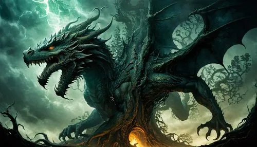 black dragon,dragon of earth,dragonlord,dragon tree,forest dragon,tiamat,darigan,wyrm,jabberwock,dragones,dragon,fire breathing dragon,midir,draconic,eragon,glaurung,brisingr,draconian,dragonja,dragon fire,Illustration,Realistic Fantasy,Realistic Fantasy 29