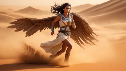 harpy,warrior woman,ancient egyptian girl,pharaonic,desert background,wind warrior,girl on the dune,biblical narrative characters,feathered race,desert rose,horus,desert run,death angel,sphinx pinastri,capture desert,afar tribe,messenger of the gods,shamanic,ancient egypt,artemisia,Conceptual Art,Fantasy,Fantasy 30