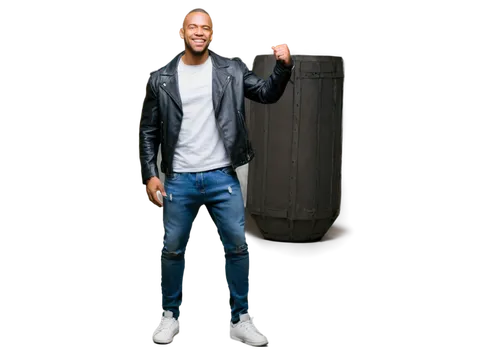 Black male, muscular build, shaved head, strong facial features, bright white smile, black leather jacket, white tank top, ripped jeans, sneakers, powerful stance, confident pose, warm lighting, cinem