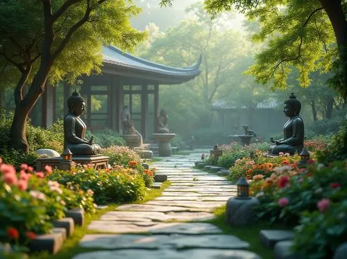 Serenely peaceful garden, lush greenery, vibrant flowers, natural stone pathways, tranquil water features, meditation areas, Buddha statues, lanterns, wooden benches, minimalist design, soft warm ligh