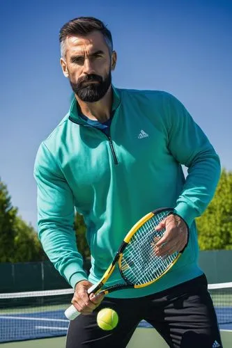 Makhnov, male, mature, muscular build, athletic physique, short brown hair, strong facial features, piercing blue eyes, no glasses, beard, mustache, casual wear, tracksuit, sports shoes, holding tenni