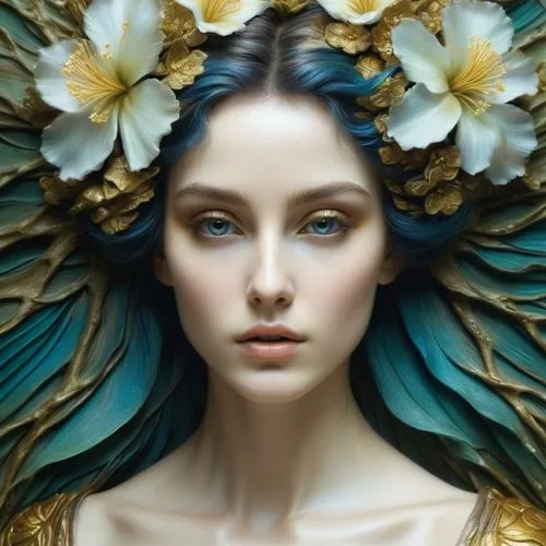 girl in a wreath,golden wreath,faery,elven flower,dryad,flora,flower fairy,blooming wreath,fantasy portrait,wreath of flowers,laurel wreath,faerie,headdress,baroque angel,mystical portrait of a girl,golden flowers,girl in flowers,fairy peacock,flower crown of christ,gold flower,Illustration,Paper based,Paper Based 23