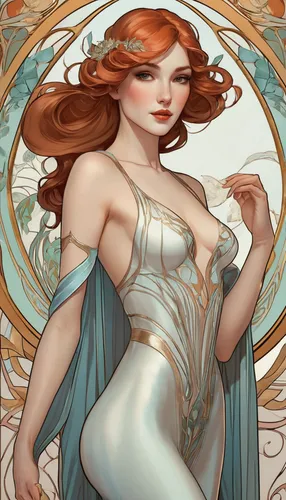 mucha,art nouveau,art nouveau design,aphrodite,transistor,merida,rosa ' amber cover,art deco woman,cinderella,celtic queen,fantasy woman,queen anne,priestess,fairy queen,art nouveau frames,sorceress,ariel,art nouveau frame,virgo,baroque angel,Illustration,Retro,Retro 08