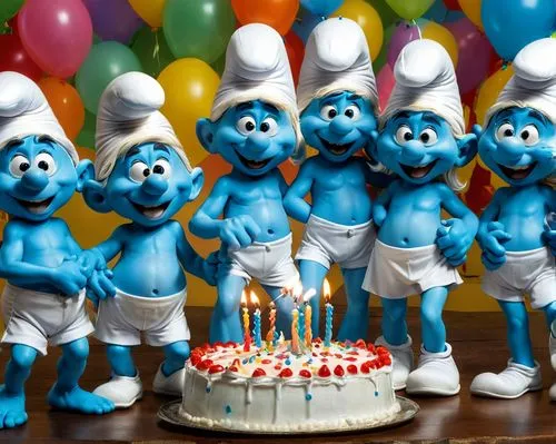 The Smurfs are celebrating their birthday,smurfs,smurf,smurfette,marzipan figures,blue balloons,happy birthday balloons,smurray,birthday template,clipart cake,misers,renderman,children's birthday,birt