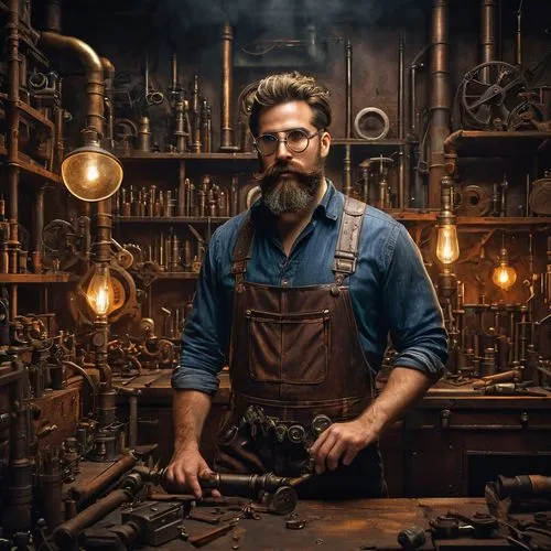 craftsman,blacksmith,a carpenter,watchmaker,carpenter,woodworker,tinsmith,tradesman,mechanic,gunsmith,candlemaker,chemist,steelworker,metalsmith,blue-collar worker,clockmaker,repairman,leonardo devinci,handyman,steampunk,Conceptual Art,Fantasy,Fantasy 20