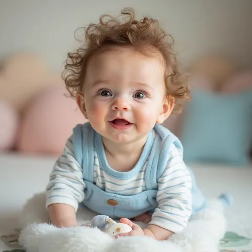 Trendy baby, blue outfit, cute facial expression, rosy cheeks, soft curly hair, bright big eyes, white onesie with blue stripes, tiny hands holding a toy, sitting on a fluffy cloud-shaped cushion, pas