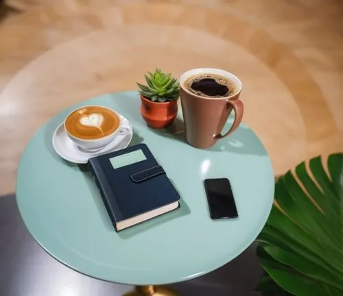 Book on the table, phone, coffee cup, plant sitting on a table in a coffee shop,a book, cup of coffee and mobile phone on a small table,coffee and books,coffee background,cortado,dalgona coffee,produc