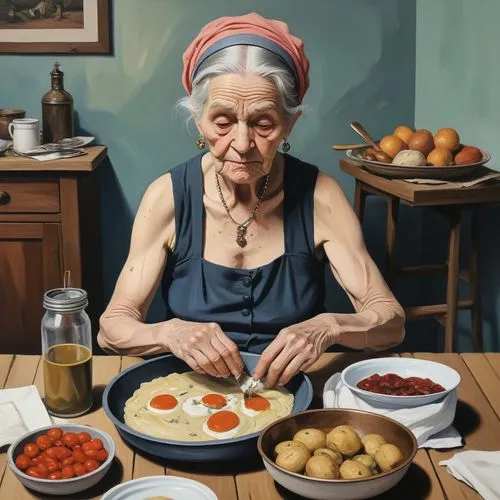 an older woman making a cake next to some food,nonna,pensioner,montalcini,old woman,hyperrealism,photorealist