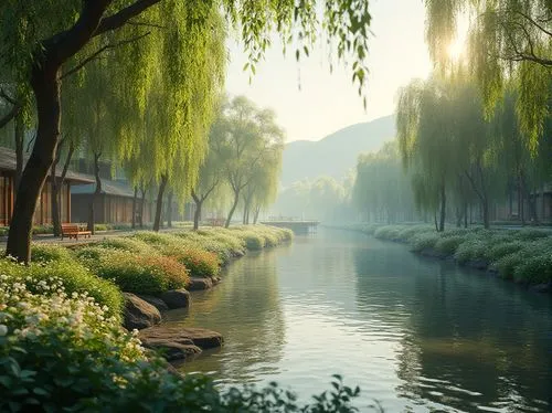 Riverbank, harmonious blend, serene atmosphere, lush greenery, vibrant flowers, weeping willows, gentle ripples, calm water, wooden benches, stone pathways, distant mountains, misty morning, soft sunl