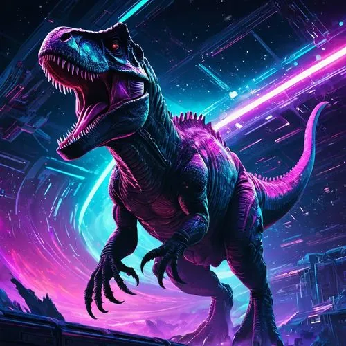 Un T-Rex rugiendo  en un espacio cósmico de luz neón,the tyrance dinosaur with colorful light behind it,dino,spacegodzilla,dinosaruio,ladinos,trex,raptor,Conceptual Art,Fantasy,Fantasy 02