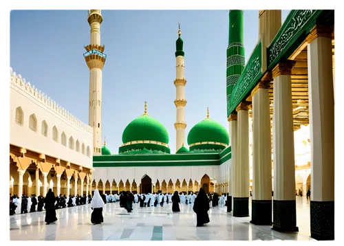 Historic cityscape, Madinah, Saudi Arabia, Masjid al-Nabawi, grand mosque, green dome, white pillars, intricate architecture, Islamic calligraphy, crowded street, pilgrims, traditional clothing, hijab