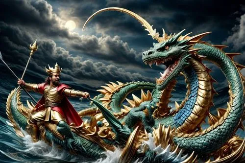 a brave man with a dashing mustache and golden crown was seen fighting a fierce green dragon in the middle of an ocean with big waves.,golden dragon,chinese dragon,dragon boat,god of the sea,dragon li