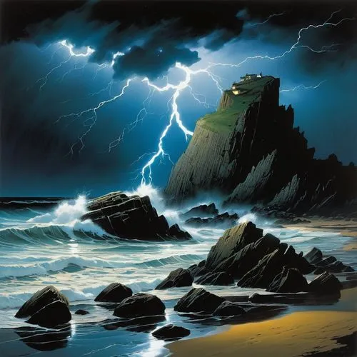 Transport your imagination to a world where shimmering waves crash against large rocks on the beach, night time with lightning,stormbringer,stormier,dragonstone,storfer,stormwatch,sea storm,thundersto