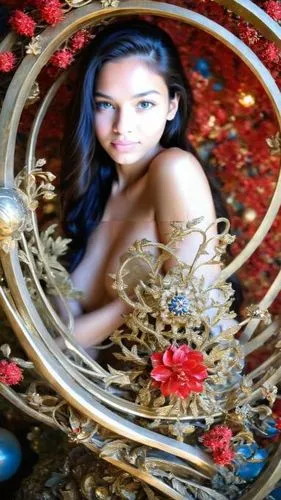 girl in a wreath,parabolic mirror,mirror in the meadow,secret garden of venus,round autumn frame,magic mirror