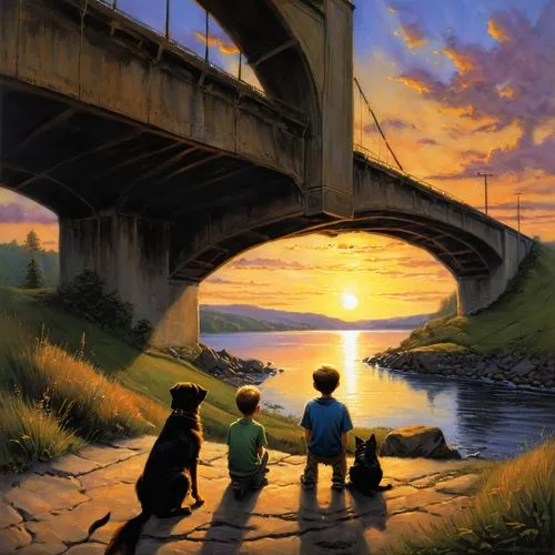 rainbow bridge,studio ghibli,ghibli,under the bridge,adventure bridge,bridge,Illustration,Realistic Fantasy,Realistic Fantasy 32