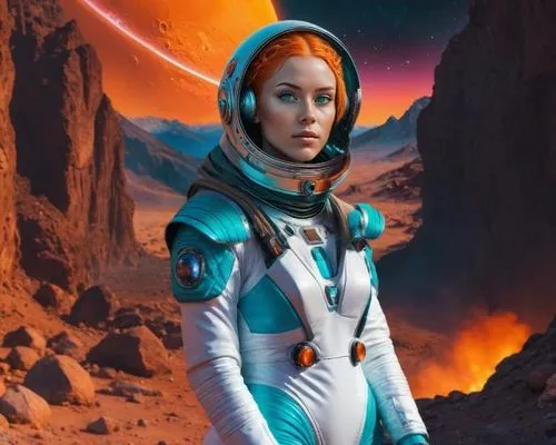 Make her full body, with a white and turquoise alien astronaut suit. Make the background, a rocky alien planet. Retro sci-fi. Synthwave style.,spacesuit,laureline,andromeda,konia,space suit,astronaut 