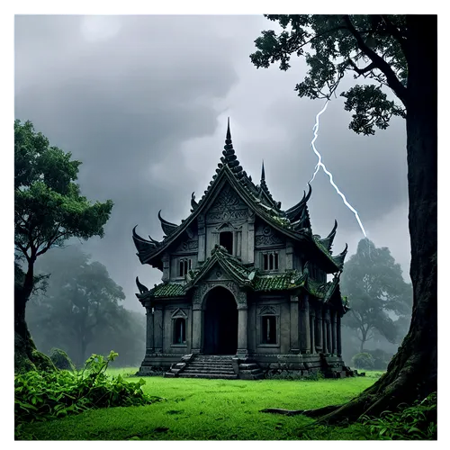 witch's house,witch house,white temple,temples,asian architecture,stone pagoda,buddhist temple,thai temple,sanctum,ancient house,house in the forest,lonely house,mausoleum ruins,tempel,temple,cambodia,shrines,ghost castle,prasat,landscape background,Illustration,Realistic Fantasy,Realistic Fantasy 35