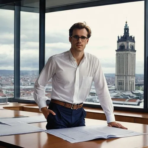 Male, architect, 30s, Bristol, UK, bespectacled, short brown hair, trimmed beard, white shirt, rolled up sleeves, dark blue trousers, black leather belt, brown loafers, holding blueprints, standing, l