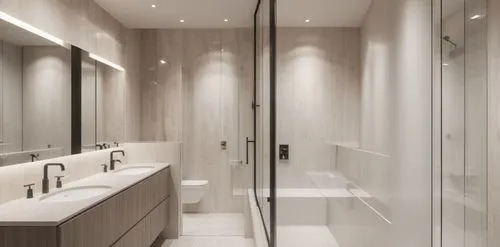 luxury bathroom. Floor to ceiling Travertine. lit medicine cabinet. floating toilet. black plumbing fixtures.,the bathroom is large and has a glass enclosure on one side,modern minimalist bathroom,lux