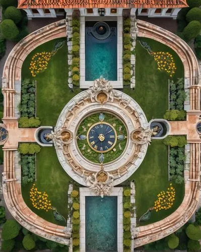 villa d'este,the center of symmetry,palace garden,parterre,palladianism,botanique,garden of the fountain,giarratano,alhambra,giardino,gardens,symmetrical,symmetry,ritzau,bird's-eye view,ornate,baroque,decorative fountains,water palace,circular ornament,Unique,Design,Knolling