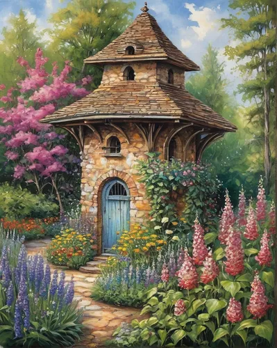 cottage garden,fairy house,fairy door,wishing well,summer cottage,home landscape,fairy village,fairy chimney,garden door,little house,country cottage,cottage,small house,flower garden,garden shed,house in the forest,flower booth,witch's house,the threshold of the house,springtime background,Illustration,Paper based,Paper Based 09