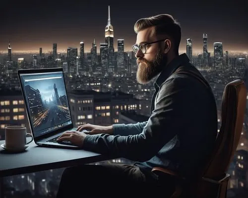 man with a computer,night administrator,computerologist,schuitema,underwood,schuiten,world digital painting,web developer,cybertrader,computer business,illustrator,inntrepreneur,blur office background,peregrini,sci fiction illustration,programmer,photoshop manipulation,computer graphic,sysadmin,hackborn,Illustration,Black and White,Black and White 23