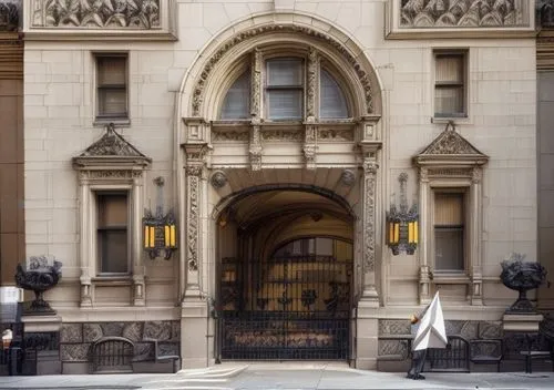 A man holding a large paper airplane outside of The Dakota Apartment Building in New York City, 1980s film,marble collegiate,casa fuster hotel,entrance,music society,house entrance,front gate,main doo