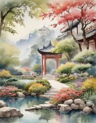 watercolor background,oriental painting,japan garden,japanese art,japanese sakura background,chuseok,japanese garden,sakura background,landscape background,japan landscape,japanese garden ornament,flower painting,japanese floral background,heian,hyang garden,lotus pond,watercolor,japanese shrine,golden pavilion,the golden pavilion,Digital Art,Watercolor