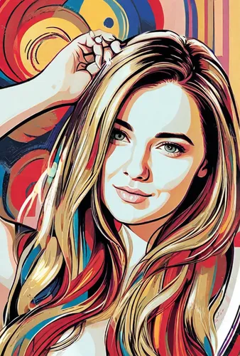 Pop Art Graphic Stylized Image of a Woman with Long Blonde Hair by Allen Jones, Florence Pugh, High Quality Glossy Art, Gold and Red, Seductive Expression, Pop Art Canvas Painting, Fortunato Depero Pa