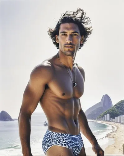 swim brief,fernano alonso,rio serrano,sarong,brazilian,brazilian beach,copacabana,latino,male model,adonis,spanish stallion,surfer,two piece swimwear,uomo vitruviano,portuguese,alejandro vergara blanco,matador,itamar kazir,beach towel,man at the sea,Art,Artistic Painting,Artistic Painting 24